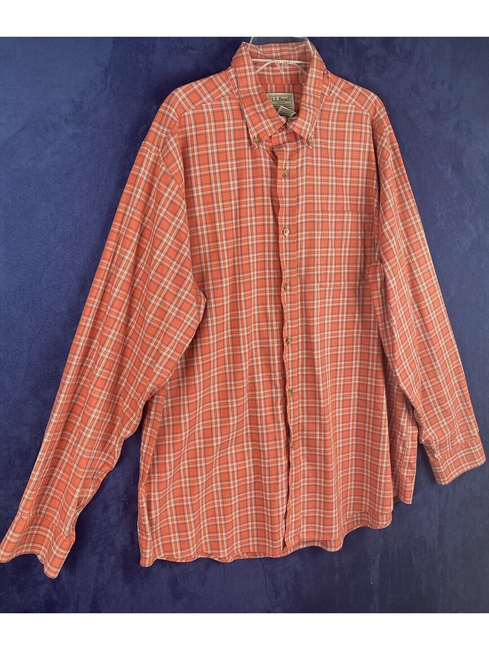 L.L. Bean Men's Shirt Sz L -Reg Orange Plaid Traditional Fit Button Down